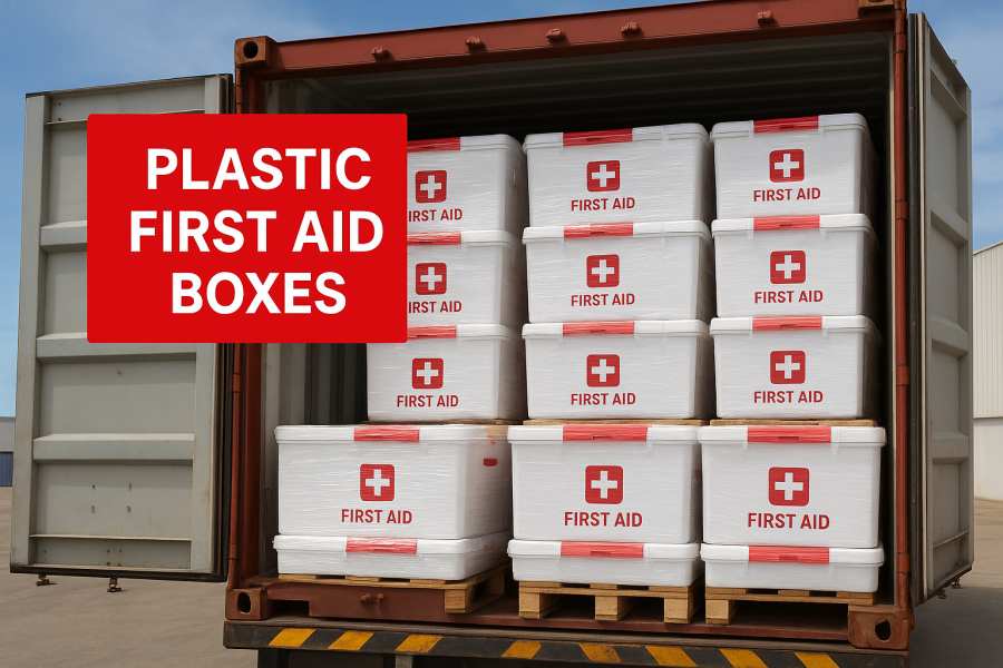 Yiwu Kebon Healthcare Ships Un contenitore completo di scatole di pronto soccorso di plastica a Dubai